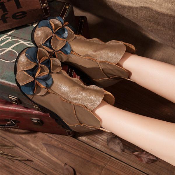 Wo'men Flower Soft Leather Vintage Zipper Flat Ankle Boots